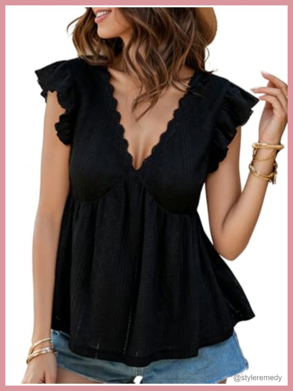 Eyelet Peplum Babydoll Top Lace Trim Flowy Summer Blouse